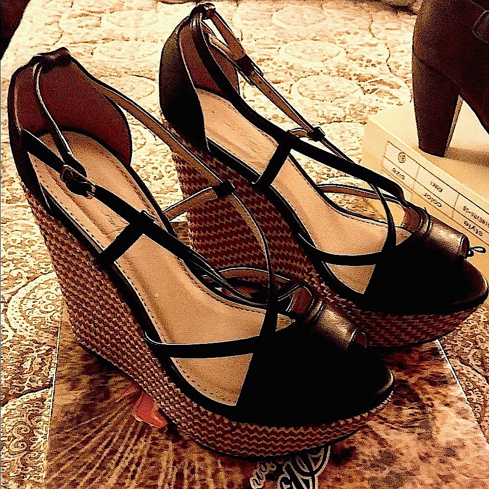 High Heel Wedges Black Sandals Size 8.5 New With Box